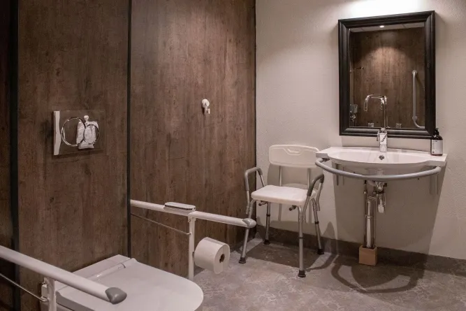 A bathroom with sink and toilet.