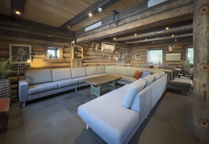 Living room with sofa and table.