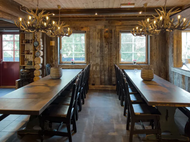A chandelier with antlers from the ceiling.