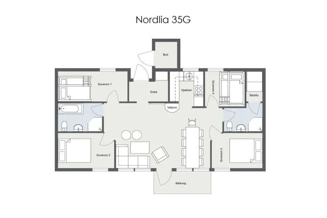 Grundrisszeichnung eines Ferienhauses mit vier Schlafzimmern, Küche, Wohnbereich, zwei Bädern, Sauna und Balkon..