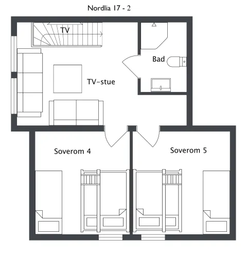 Zwart-witte plattegrond met TV-stue, badkamer en twee slaapkamers (Soverom 4 en Soverom 5) met bedden..