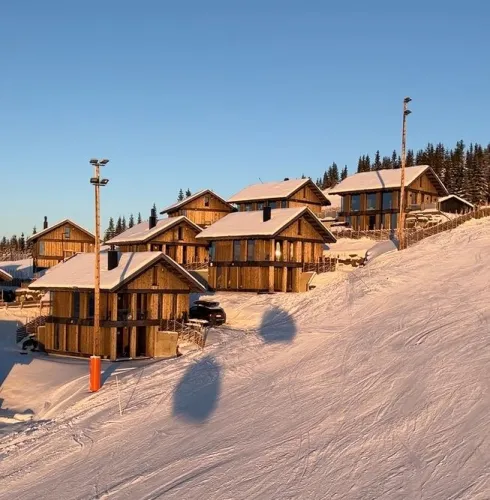 Mehrere Holzchalets mit schneebedeckten Dächern an einem Berghang, Skipiste im Vordergrund und klarer Himmel..