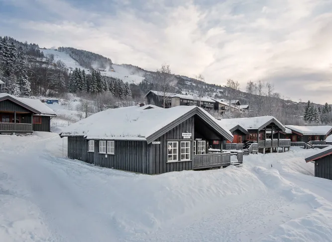 Sneeuwbedekte houten chalets met veranda’s in een bergdorp, omringd door sparren en een bewolkte winterlucht..