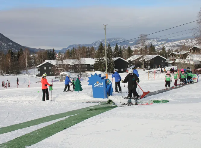 Kinderen en begeleiders met ski’s op een besneeuwde oefenhelling, met chalets, bomen en bergen op de achtergrond..
