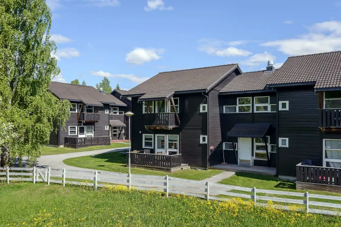 Donkere appartementsgebouwen met balkons en een wit hekwerk langs een groen grasveld onder een blauwe lucht..
