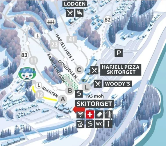 Illustratieve pistekaart van Hafjell Skitorget met liften, lodges, restaurants, parkeerplek en routes in sneeuwlandschap..