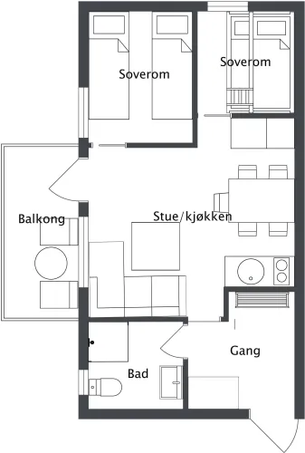 Zwart-witte plattegrond van een appartement met twee slaapkamers, woonkeuken, badkamer, gang en balkon met meubilair..