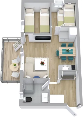 Bovenaanzicht van een appartement met twee slaapkamers, woonkamer, eethoek, keuken, badkamer en balkon..