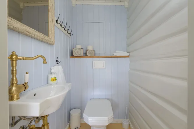 Schmales WC mit weißem Waschbecken, Messinghahn, Spiegel, Hakenleiste sowie Toilette und Ablage mit Handtüchern..