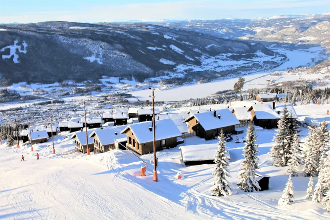 Verschneite Hütten an einem Skihang mit Tannen, Blick ins Tal mit gefrorenem See und Bergen unter blauem Himmel..