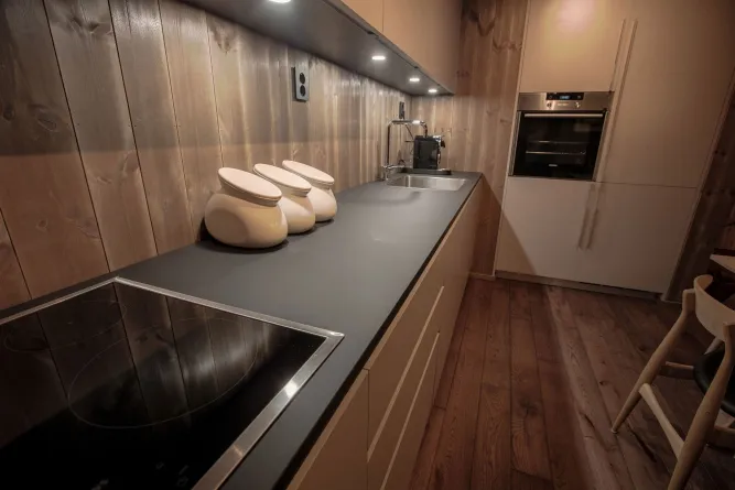 Schmale moderne Küche mit grauer Arbeitsplatte, Kochfeld, Keramikdosen, Spüle und Einbaubackofen vor Holzwand..