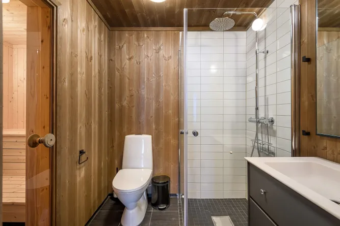 Modernes Badezimmer mit Holzvertäfelung, Toilette, Glasdusche mit Regendusche, Waschtisch und Sauna-Tür links..