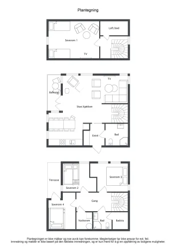 Schwarz-weißer Grundriss mit drei Etagen, Räumen wie Schlafzimmer, Wohnküche, Bad, Balkon, Terrasse und Treppe..