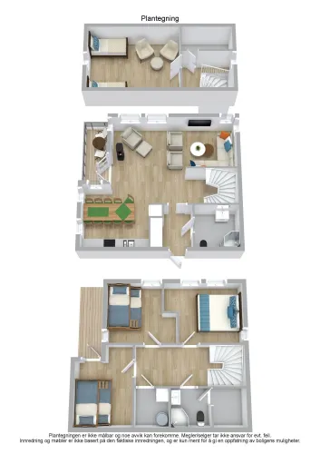 3D-Darstellung eines Hausgrundrisses mit mehreren Etagen, Wohnbereich, Küche, Schlafzimmern, Bad und Treppen..