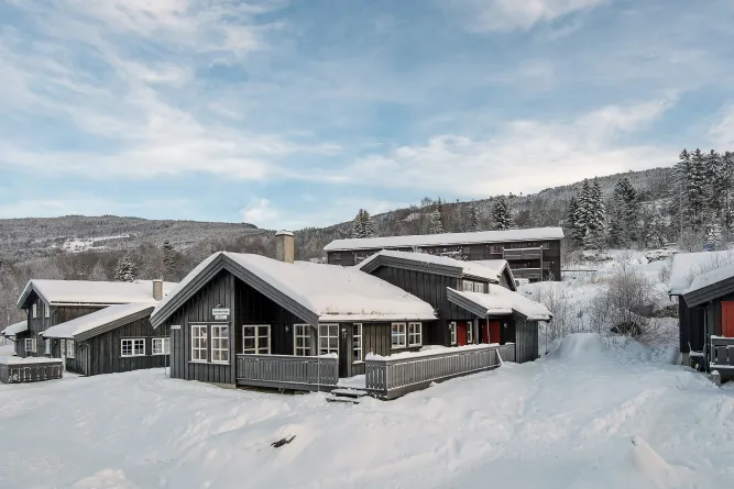 Donkere houten vakantiewoningen met besneeuwde daken in een winterlandschap, met sparren en heuvels onder blauwe lucht..