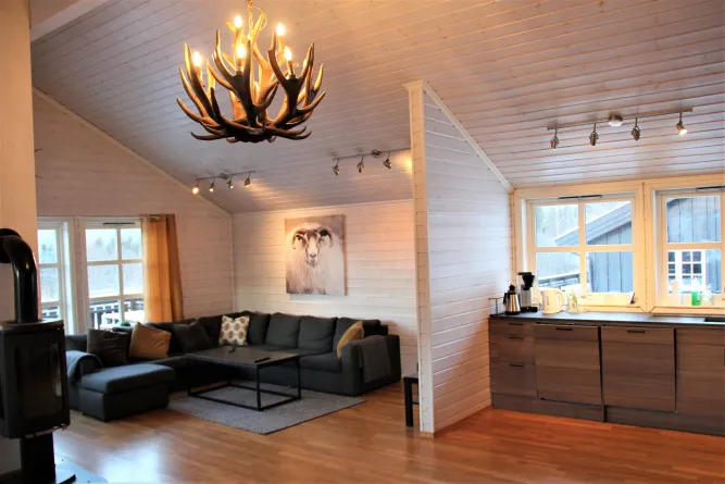 Interieur met grijze hoekbank, salontafel, gewei-lamp, houten wanden en open keuken met ramen..