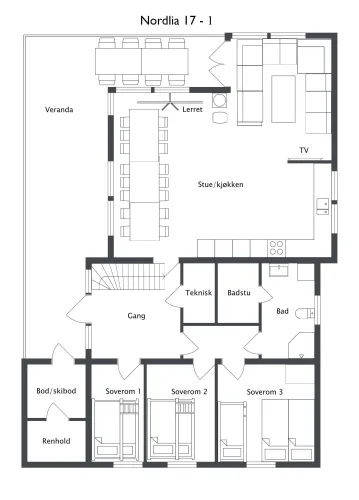 Zwart-witte plattegrond met woonkeuken, veranda, drie slaapkamers, badkamer, sauna, technische ruimte en gang..