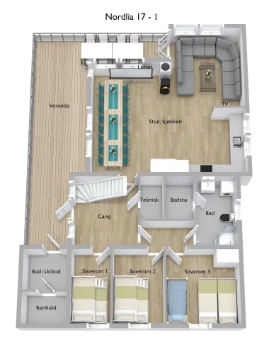 3D-plattegrond van een woning met veranda, woonkeuken, drie slaapkamers, badkamer, sauna en gang..