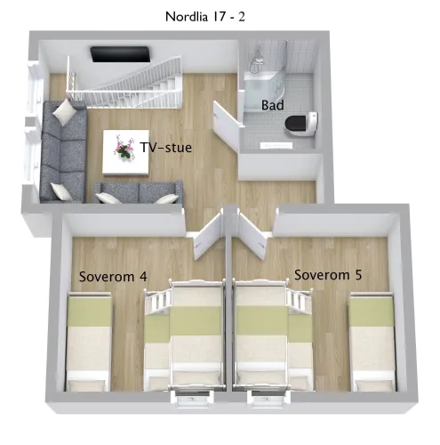 3D-plattegrond met tv-stue, badkamer en twee slaapkamers met bedden, plus zithoek en trap..
