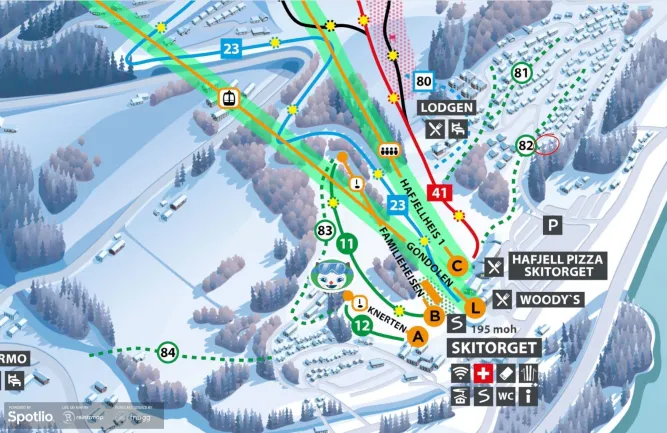 Illustratieve pistekaart met skiliften, pistes en lodges rond Skitorget in een besneeuwd berglandschap..