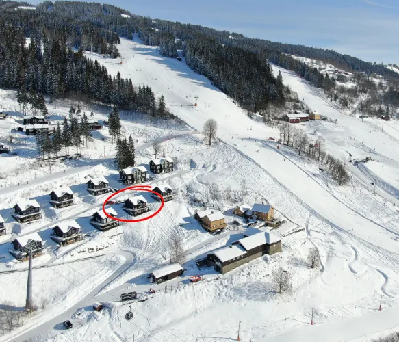 Luchtfoto van besneeuwd skigebied met chalets, skipistes en dennenbos op de berg; één chalet is omcirkeld..
