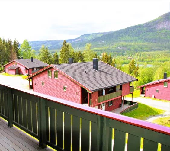 Blick vom Balkon auf rote Holzhäuser mit dunklen Dächern, umgeben von Wald, Tal und Bergen unter hellem Himmel..