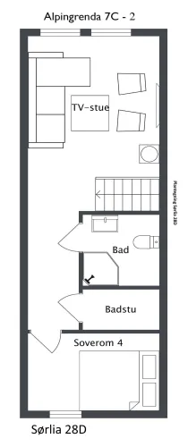 Schwarz-weißer Grundriss mit Wohnzimmer, Schlafzimmer, Bad, Sauna und Möblierung wie Sofa, Tisch und TV-Stube..