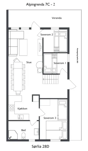 Schwarz-weißer Grundriss mit Veranda, Wohnzimmer, Küche, Bad und drei Schlafzimmern sowie Türen und Möbeln..