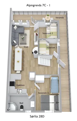 3D-Grundriss einer Wohnung mit Küche, Bad, Wohnzimmer, drei Schlafzimmern und großer Veranda mit Tisch..