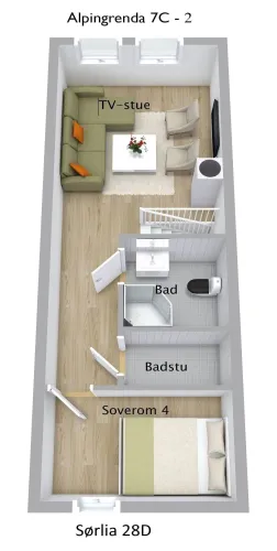 3D-Grundriss mit Wohnzimmer, Schlafzimmer, Bad und Sauna, Möbeln wie Sofa, Tisch, Stühlen und Bett..