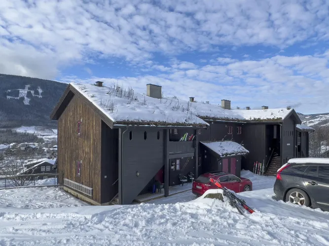 Dunkles Holzchalet mit schneebedecktem Dach am Berghang, davor Autos und Ski unter blauem Himmel mit Wolken..