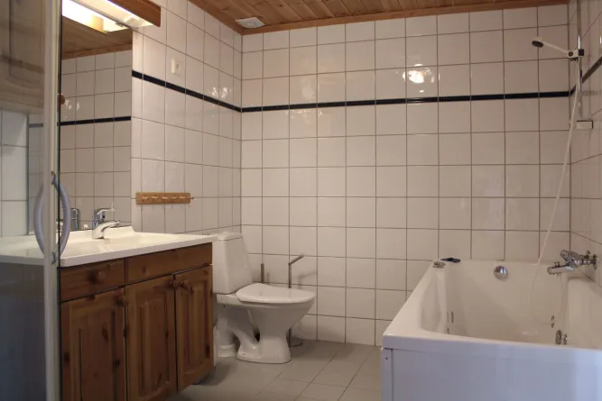 Badezimmer mit weißen Wandfliesen, Holzdecke, Waschtisch mit Spiegel, WC und Badewanne mit Handbrause..