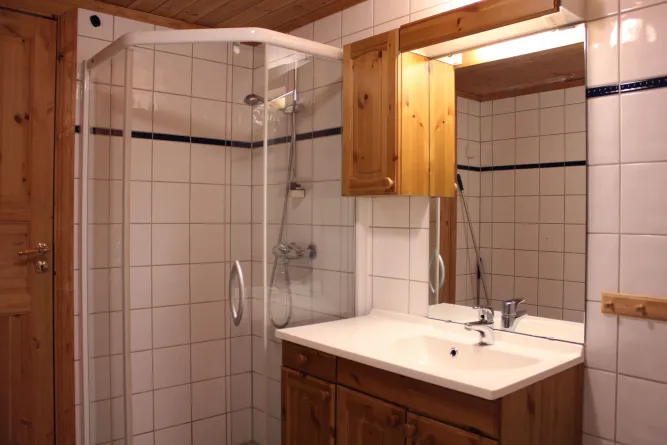 Badezimmer mit gefliester Duschkabine, Holzwaschtisch mit Waschbecken, Spiegelschrank und Holzdecke..