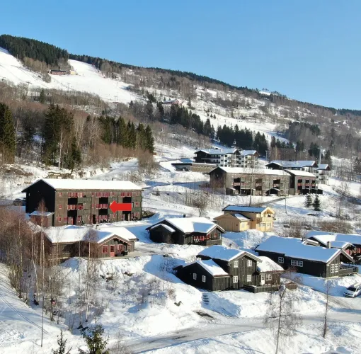 Verschneite Ferienhäuser und größere Gebäude in einem Tal, dahinter Hänge mit Wald und Pisten unter blauem Himmel..