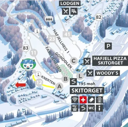 Illustrativer Pistenplan eines Skigebiets mit Liften, Pisten, Lodgen, Parkplätzen und Service-Symbolen..