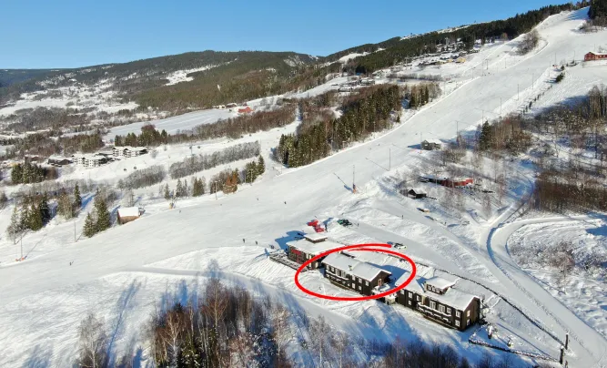 Luchtfoto van een besneeuwde skihelling met bos, dal en gebouwen; een lodge is rood omcirkeld..