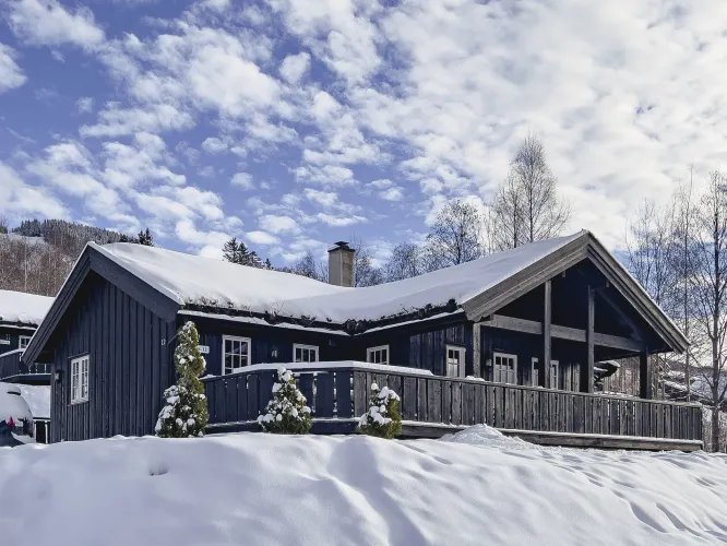 Donker houten chalet met sneeuw op het dak, omgeven door besneeuwde heuvels en bomen onder een wolkenlucht..