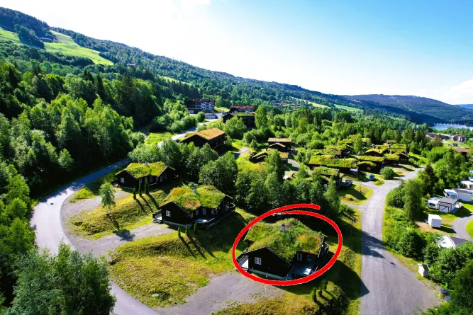Luchtfoto van een groen, heuvelachtig vakantiepark met houten huisjes met groendak; één huis is omcirkeld..