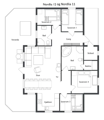 Zwart-witte plattegrond met veranda, woonkamer, keuken, vier slaapkamers, twee badkamers, sauna en skiberging..