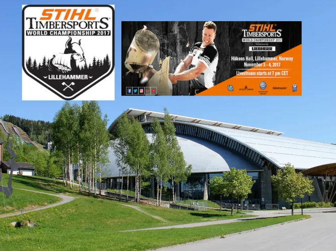 Außenansicht einer modernen Sporthalle mit Bäumen und Wiese; darüber zwei Werbebanner für Timbersports..