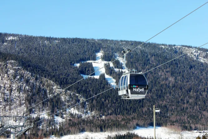 Een gondelliftcabine hangt aan kabels boven een besneeuwde berghelling met dennenbos onder een heldere blauwe lucht..