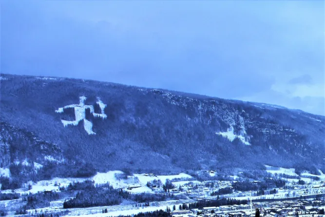 Winterlandschap met besneeuwde vallei en dorp, donkere beboste berghelling en bewolkte hemel op de achtergrond..