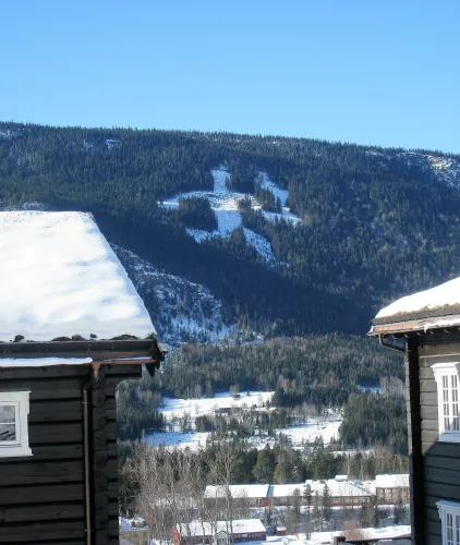 Besneeuwde houten huizen op de voorgrond met een dennenberg en heldere blauwe lucht boven een winterdal..